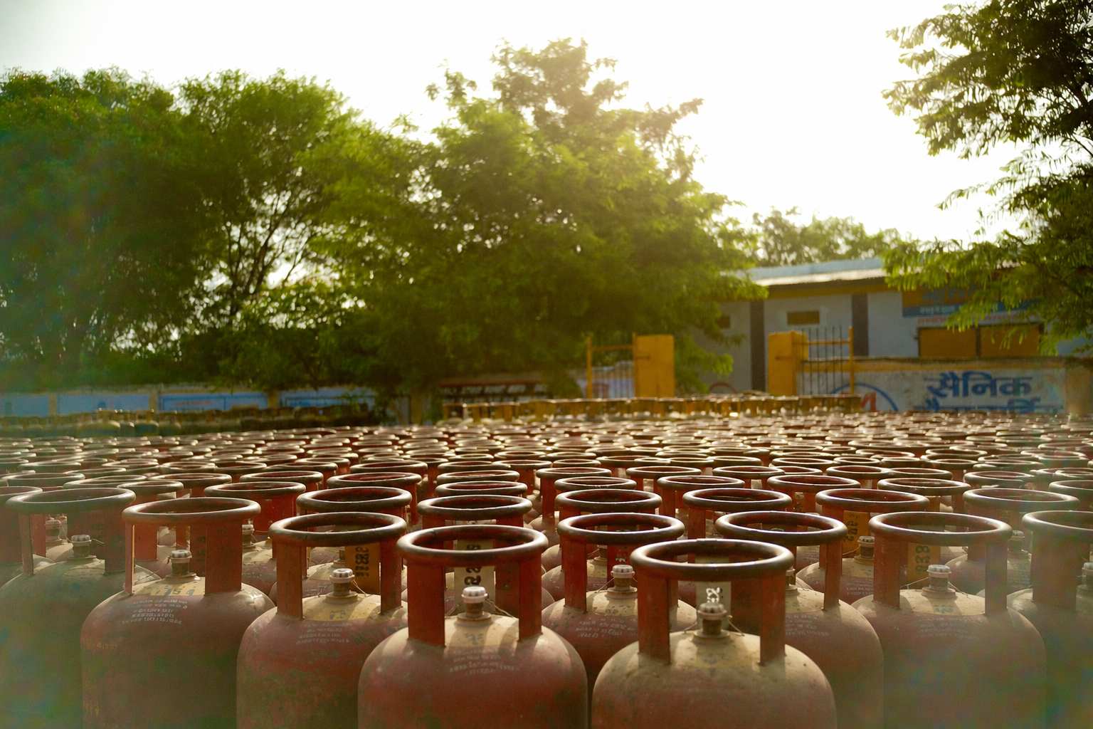 Commercial LPG cylinders stocked at the Sainik Gas Service yard in Shahpura, Jaipur