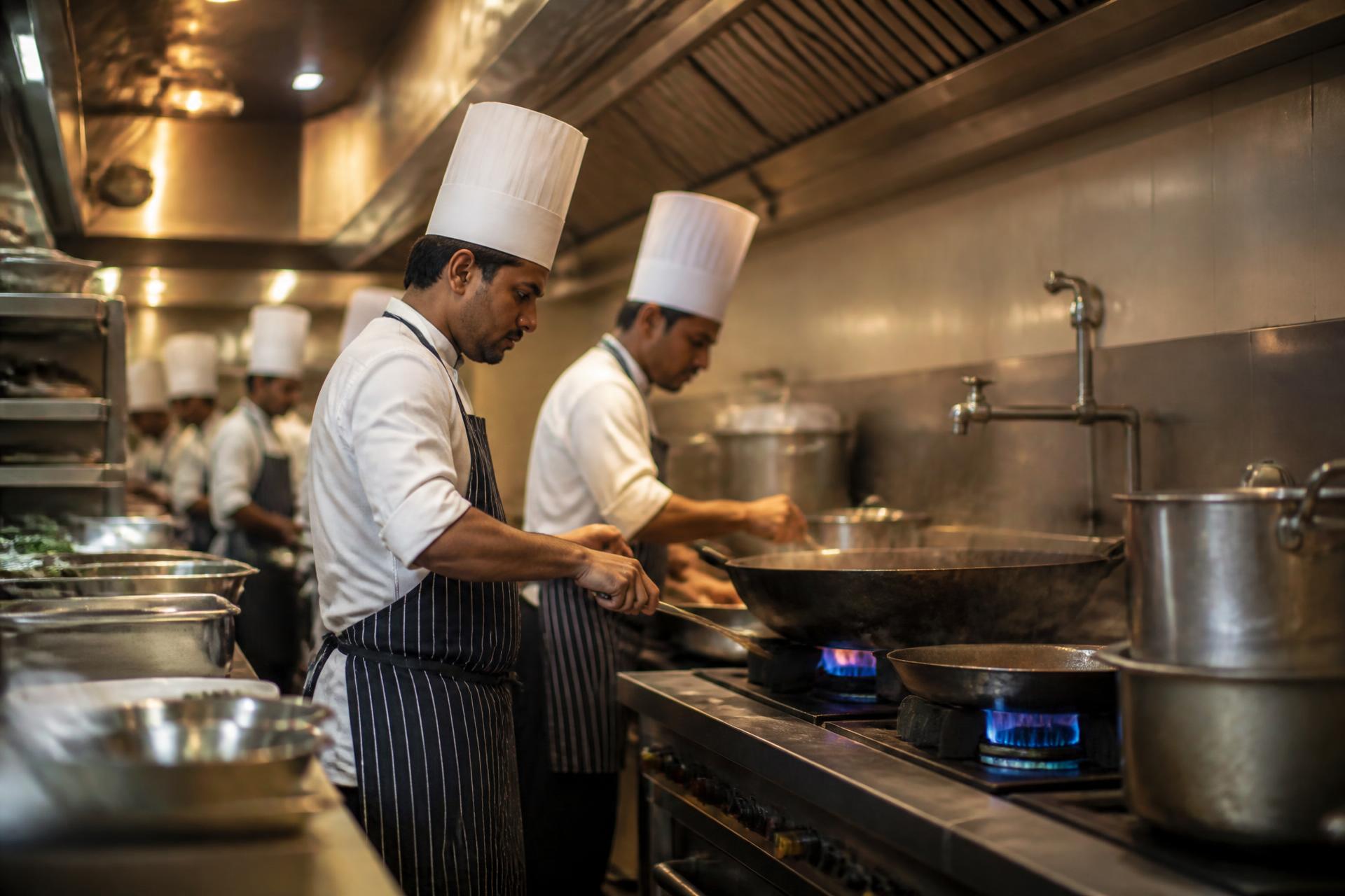 Chefs working at high-output LPG burners in a busy commercial kitchen